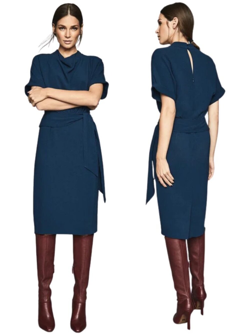 Reiss Lola Short Sleeve Belted Dress Women's 10 Teal Blue Formal Cocktail Party